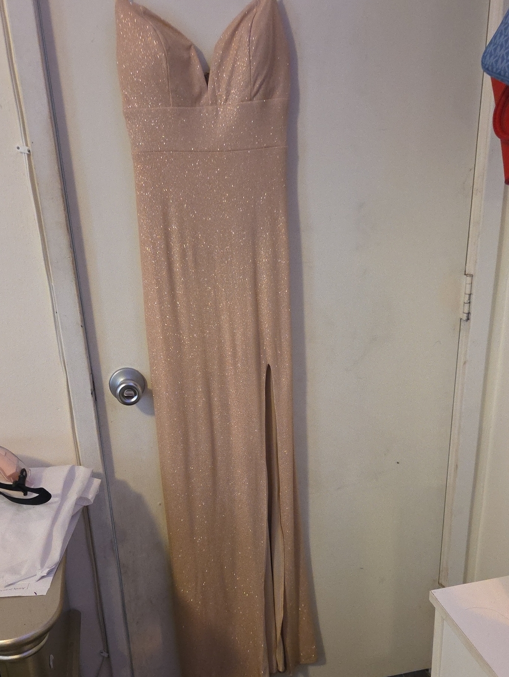 Windsor Nude Glitter Strapless Maxi Gown with Side Slit